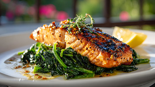 Balsamic glazed salmon fillet over sautéed greens with a lemon wedge on a white plate