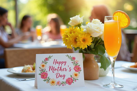 Happy Mother's Day card with a mimosa and fresh flowers on a sunny outdoor brunch table