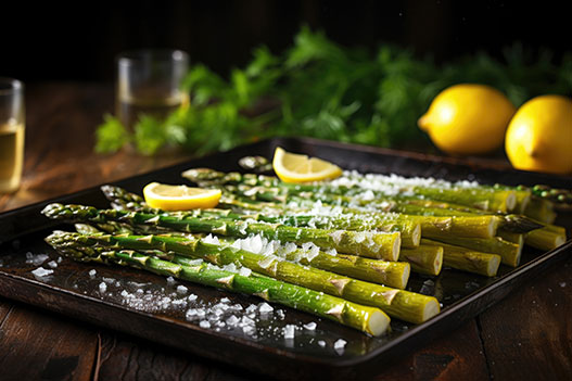 Roasted asparagus on a sheet pan with shaved Parmesan and lemon wedges on a dark wood surface