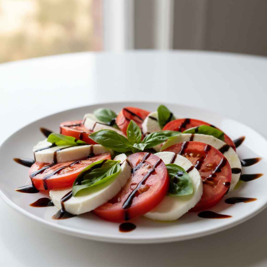 Sliced tomatoes and fresh mozzarella on a platter with basil and a drizzle of aged balsamic